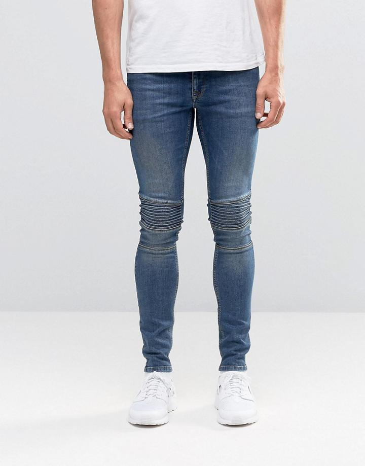 Asos Extreme Super Skinny Jeans With Biker Panels In Dark Wash - Blue