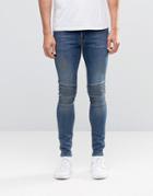 Asos Extreme Super Skinny Jeans With Biker Panels In Dark Wash - Blue