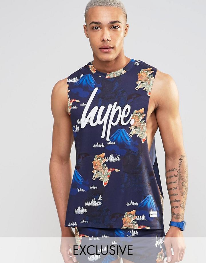 Hype Dropped Armhole Tank In Mountain Print - Navy