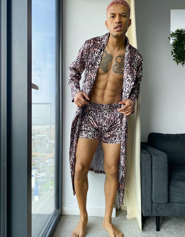Asos Design Set Satin Kimono In Leopard Print-multi