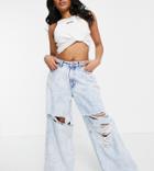 Missguided Petite Recycled Boyfriend Jean With Shredded Detail In Lightwash Blue-blues