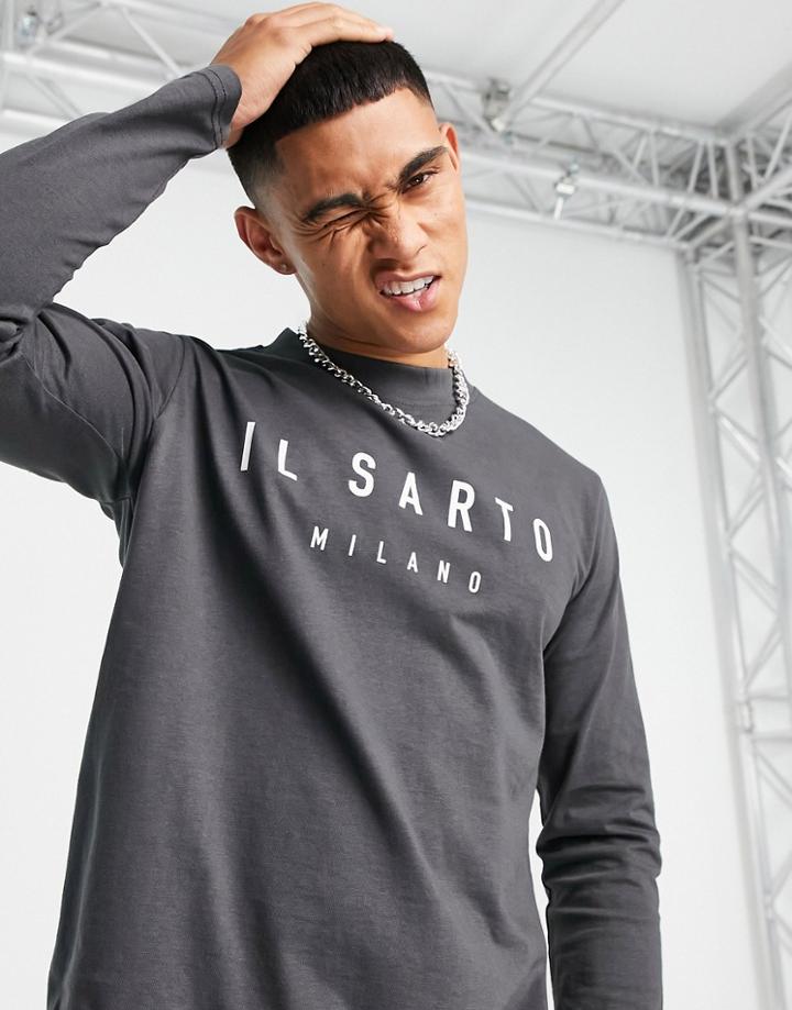 Il Sarto Branded Long Sleeve T-shirt In Charcoal-gray