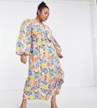 Vila Curve Floral Maxi Smock Dress With Volume Sleeves And Ruffle In Bright Blue