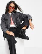 Topshop Dad Check Lined Recycled Cotton Blend Denim Jacket In Gray-grey