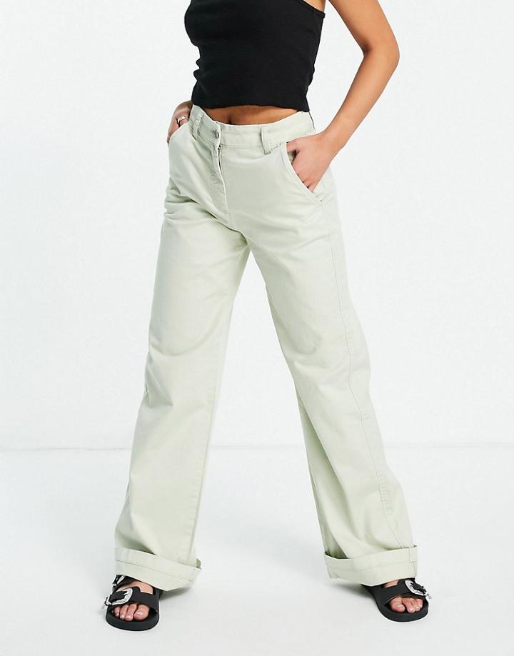 Bershka Wide Leg Chino In Washed Khaki-green