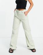 Bershka Wide Leg Chino In Washed Khaki-green
