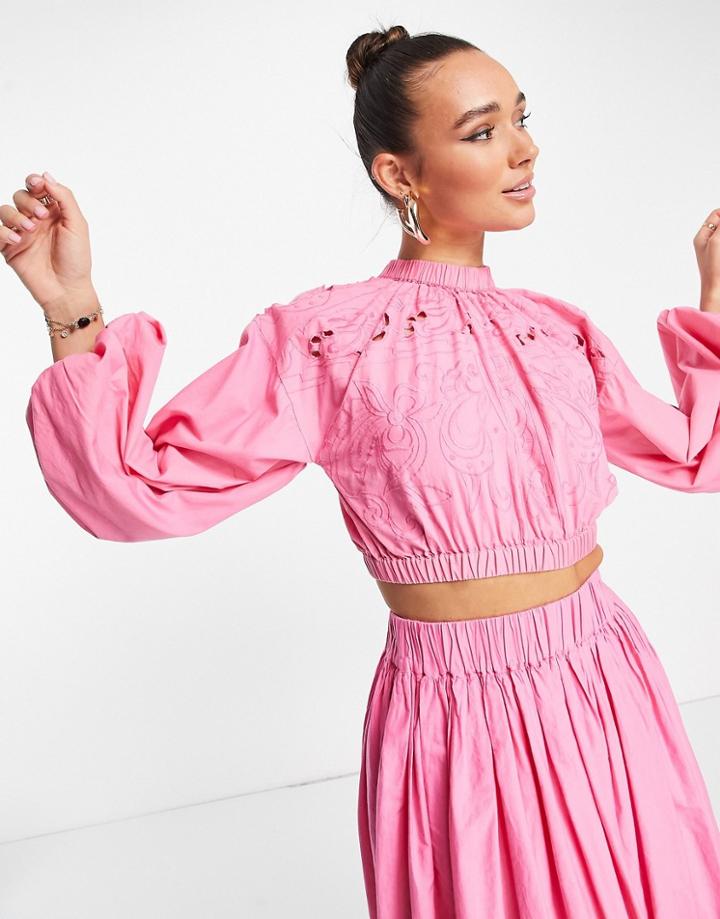 Asos Edition Floral Cutwork Crop Top In Fuschia-pink