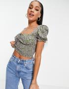 Motel Milkmaid Crop Top With Shirring Waist In Floral-green