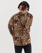 Asos Design Relaxed Leopard Shirt With Deep Revere Collar - Brown