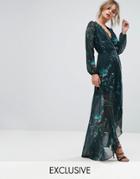 Hope & Ivy Long Sleeve Wrap Detail Floral Maxi Dress - Green