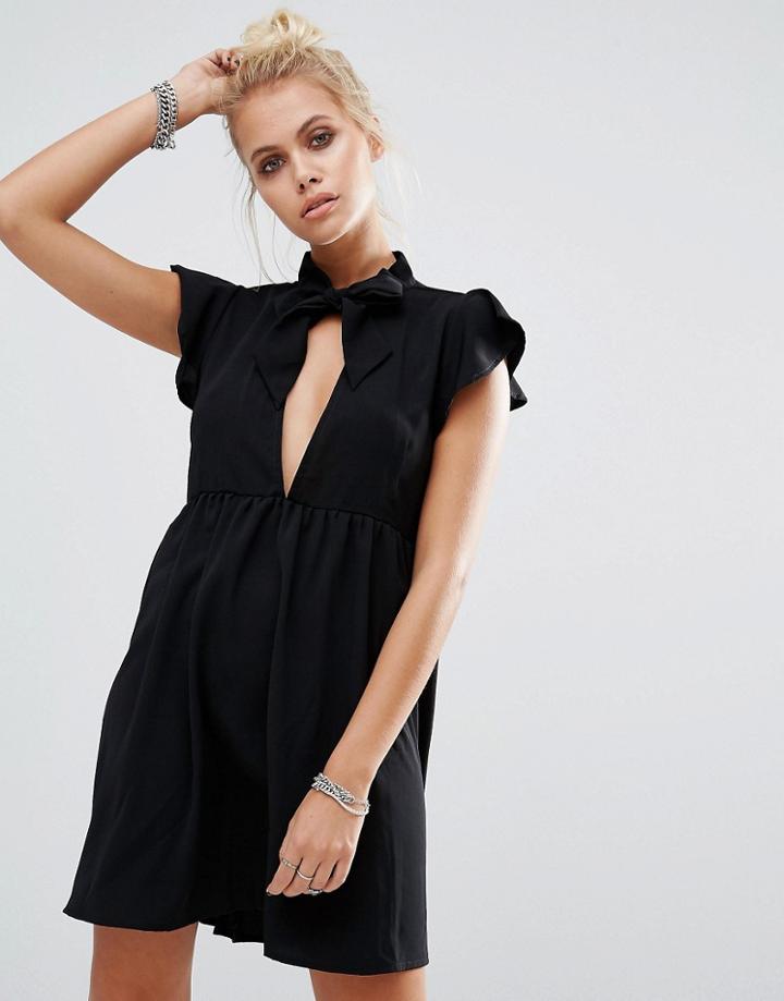 Motel Clover Tie Neck Smock Dress - Black