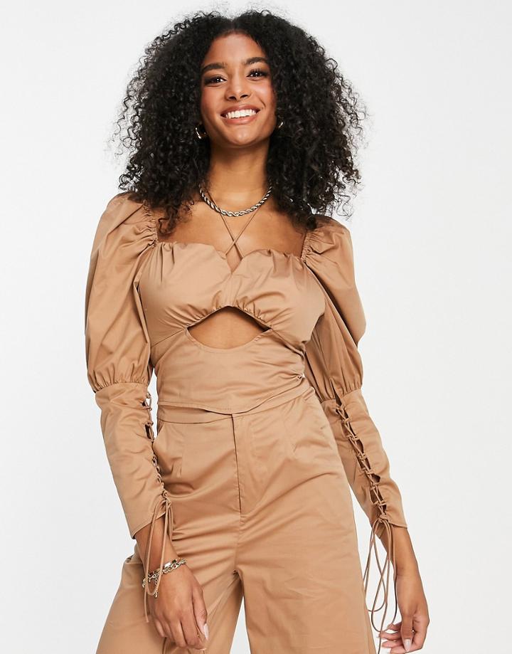 Amy Lynn Long Sleeve Milkmaid Top With Cut Out Detail In Camel - Part Of A Set-neutral