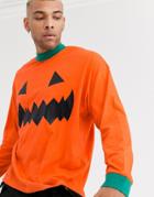 Asos Design Halloween Oversized Long Sleeve Pumpkin T-shirt-orange