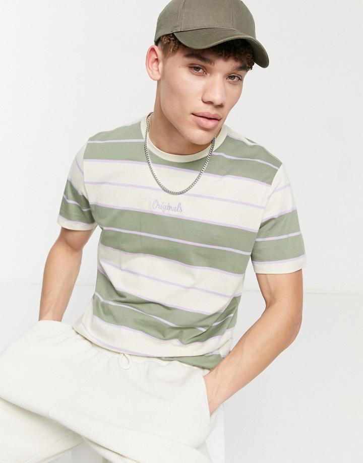 Jack & Jones Originals Block Stripe T-shirt In Green & Cream