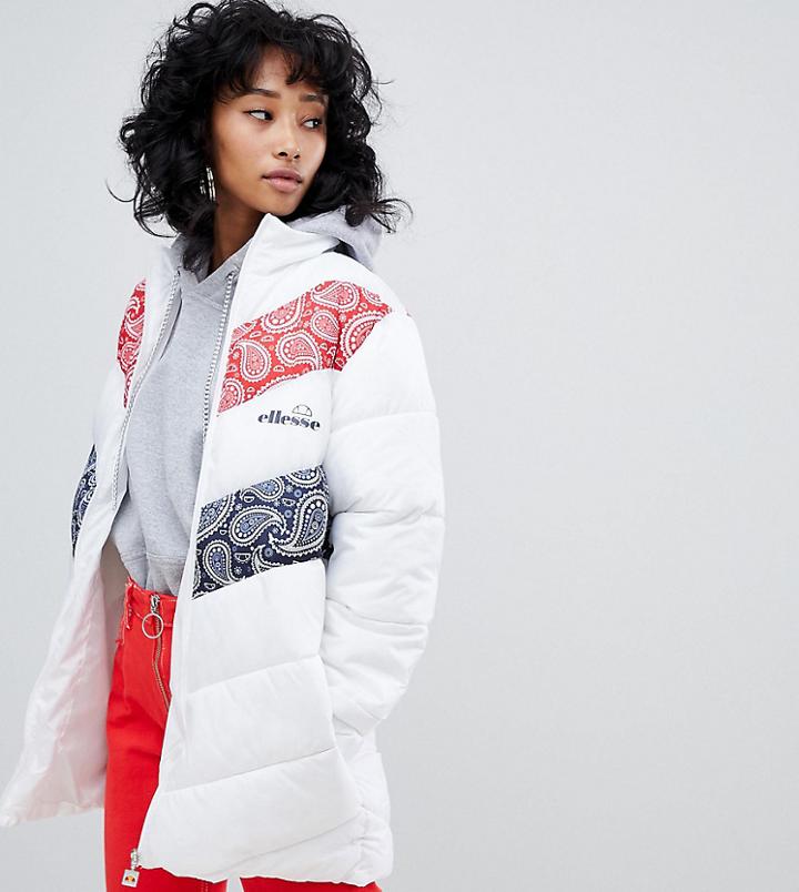 Ellesse Padded Jacket With Embroidered Chest Logo And Contrast Paisley Panels - White