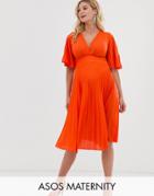 Asos Design Maternity Kimono Pleated Midi Dress-orange