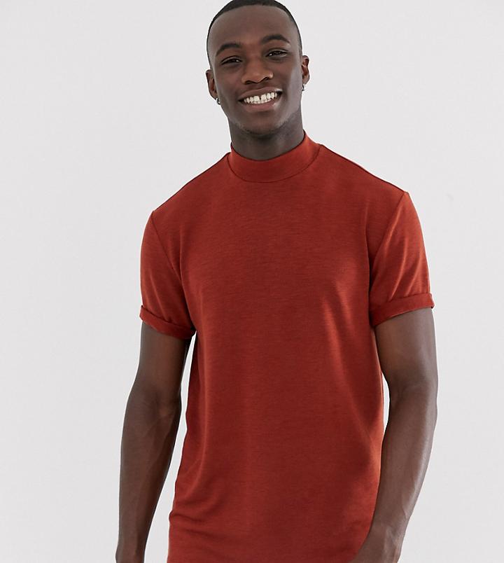 Asos Design Tall Relaxed T-shirt With Turtleneck And Roll Sleeve In Interest Slub In Tan - Red