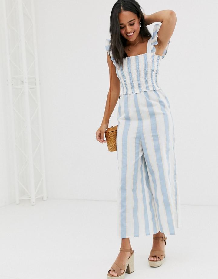 Asos Design Shirred Frill Sleeve Jumpsuit In Multi Stripe - Multi