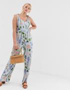 Qed London Tie Shoulder Jumpsuit In Blue Floral