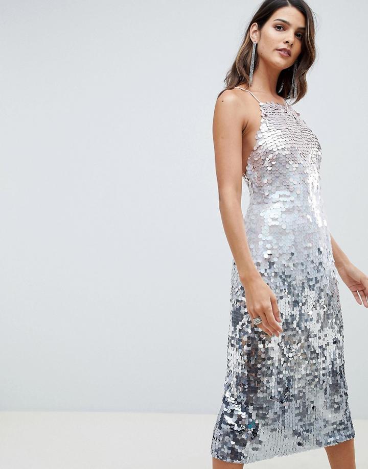 Asos Design Midi Pencil Dress In All Over Ombre Sequin - Multi
