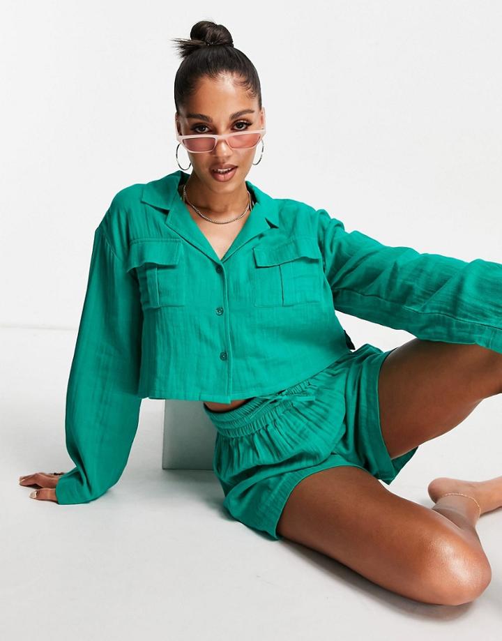 Asos Design Pocket Oversized Double Gauze Beach Shirt In Emerald Green - Part Of A Set