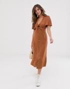 New Look Tie Front Button Down Dress In Rust-black