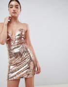 In The Style Daelyn Rose Gold Sequin Plunge Bandeau Mini Dress - Pink