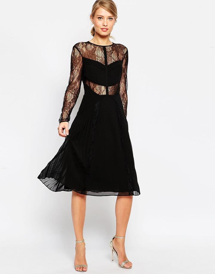 Asos Lace And Pleat Detail Midi Dress - Green