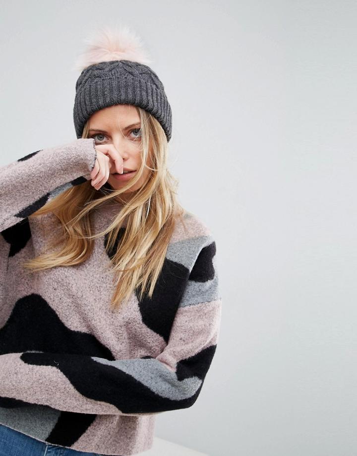 Asos Cable Pom Beanie With Pink Faux Fur Pom - Gray