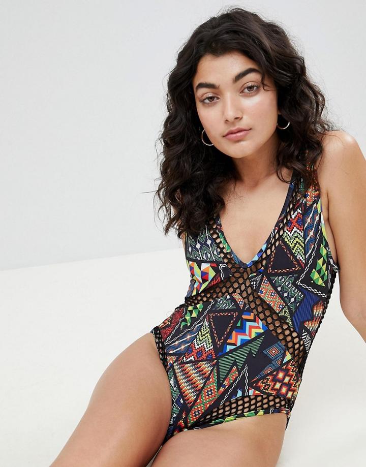 Jaded London Multi Print Mesh Insert Swimsuit - Multi