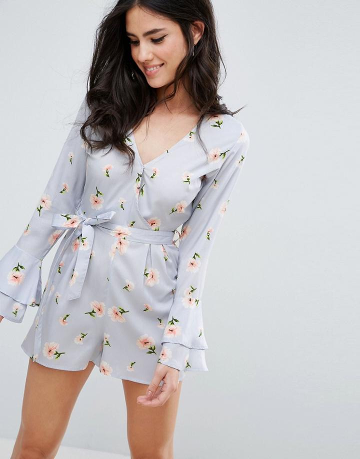 Influence Wrap Flared Sleeve Romper - Blue