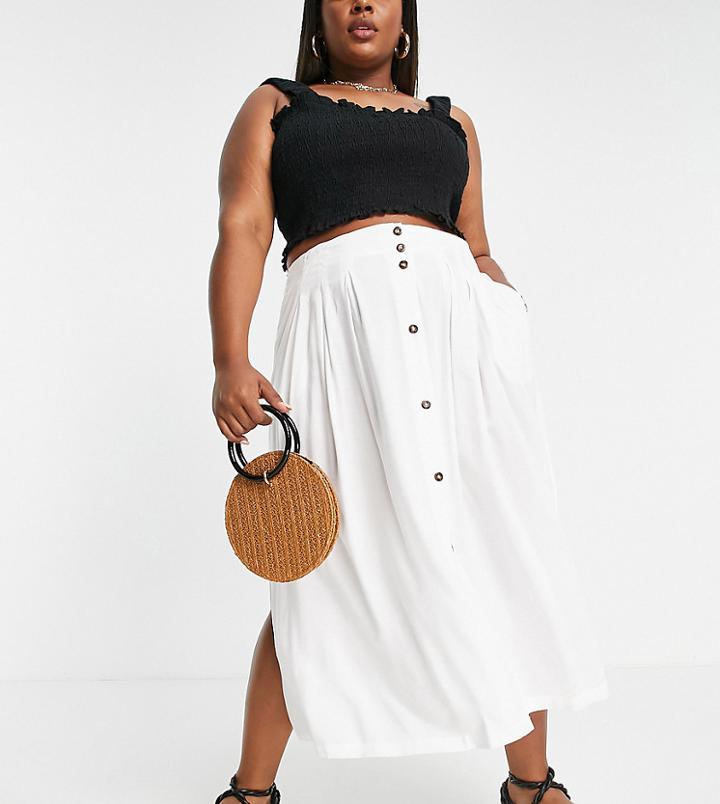 Asos Design Curve Button Through Midi Skirt With Deep Pocket Detail In White