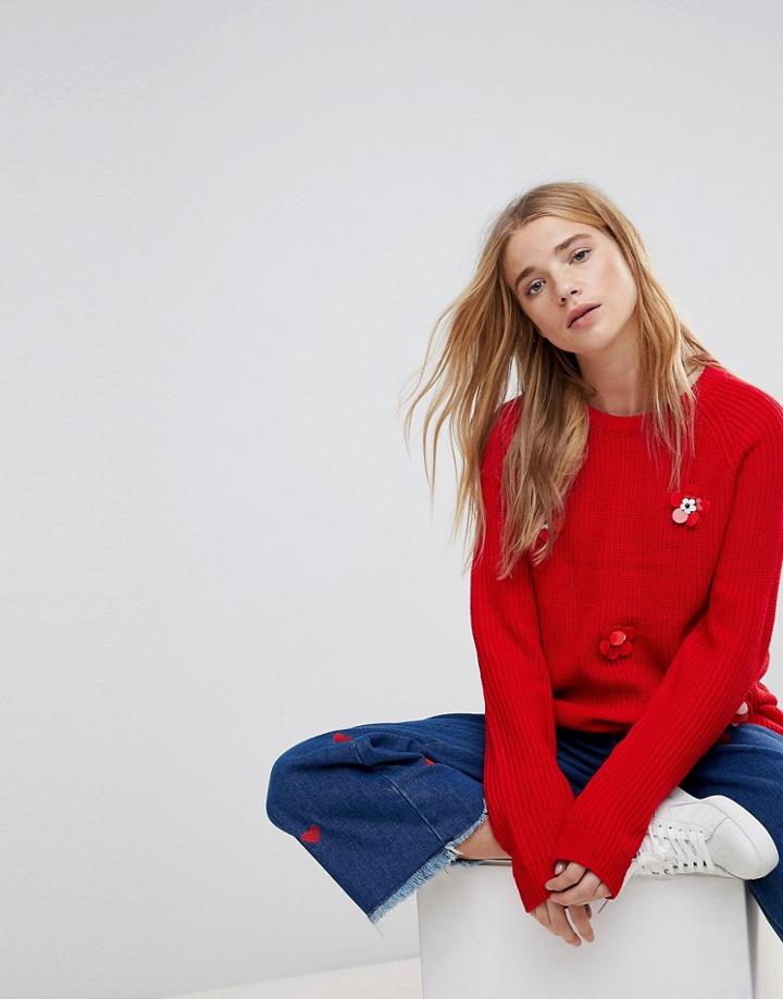 The English Factory Chunky Sweater With Applique Flowers - Red