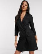 Asos Design Linen Tux Mini Dress With Pockets And Three Quarter Sleeves In Black