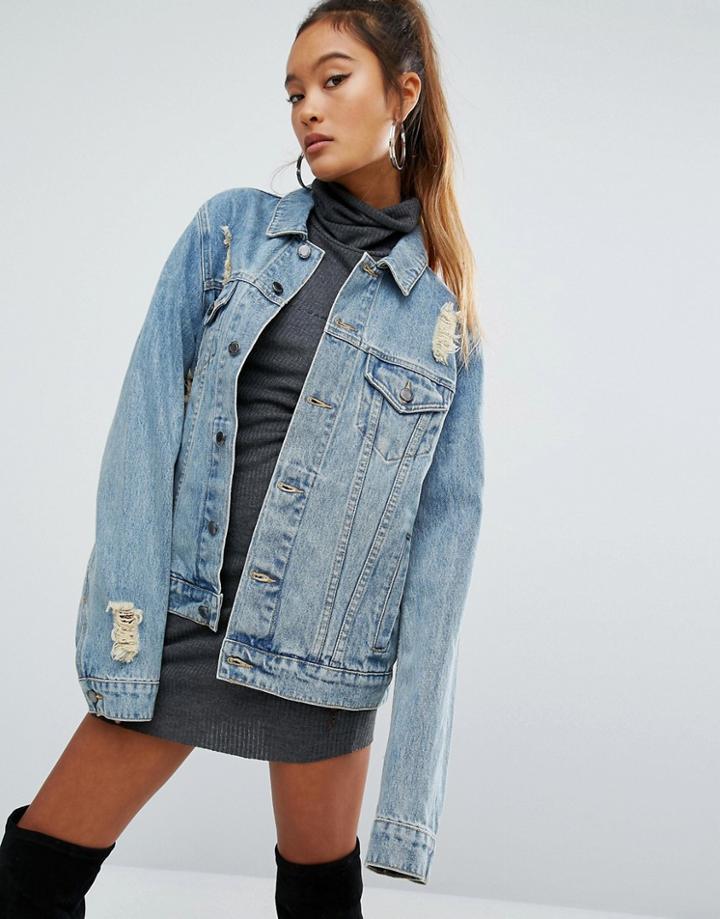 Criminal Damage Oversized Distressed Denim Jacket - Blue