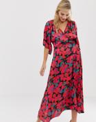 Liquorish Wrap Maxi Dress With Tie Belt Detail In Rose Print - Multi