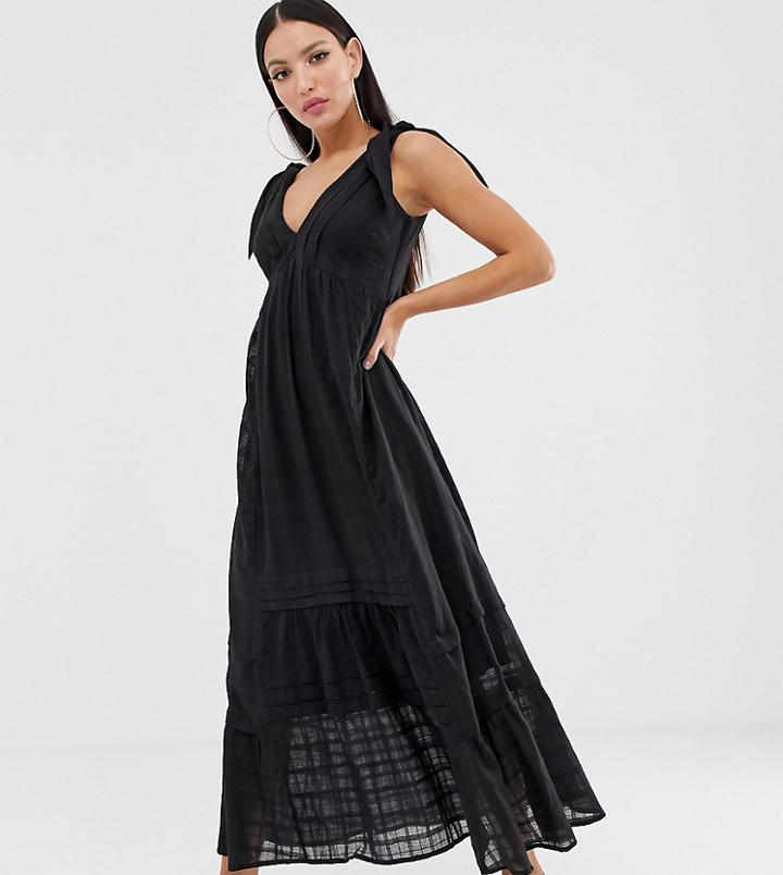 Asos Design Tall Plunge Midi Sundress In Grid Texture-black