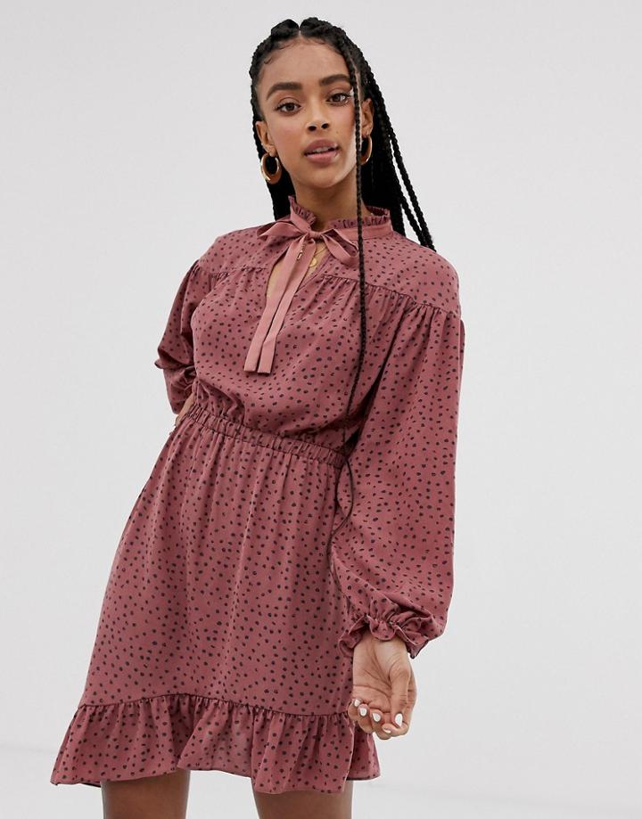 Wild Honey Asymmetric Dress With Pussybow Neck Tie In Polka - Pink