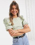 Asos Design Fitted Top With Volume Puffed Sleeve In Floral Print-purple