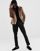 Asos Design Skinny 70s Blazer In Tan Velvet And Satin Piping - Tan