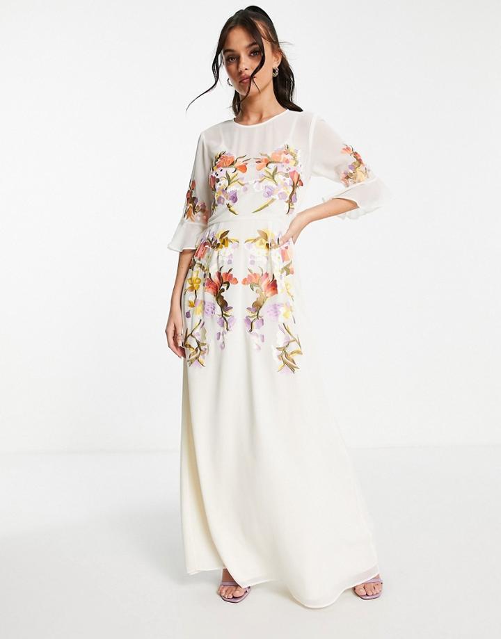 Hope & Ivy Fluted Sleeve Embroidered Maxi Dress In Ivory-white