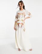 Hope & Ivy Fluted Sleeve Embroidered Maxi Dress In Ivory-white