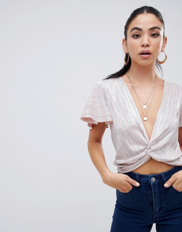 Asos Design Wrap Top With Plunge Twist Front In Metallic Plisse - Pink