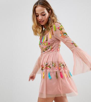 Frock And Frill Petite Folk Embroidered Tassel Skater Dress - Pink