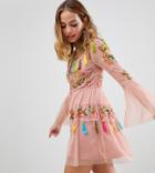 Frock And Frill Petite Folk Embroidered Tassel Skater Dress - Pink