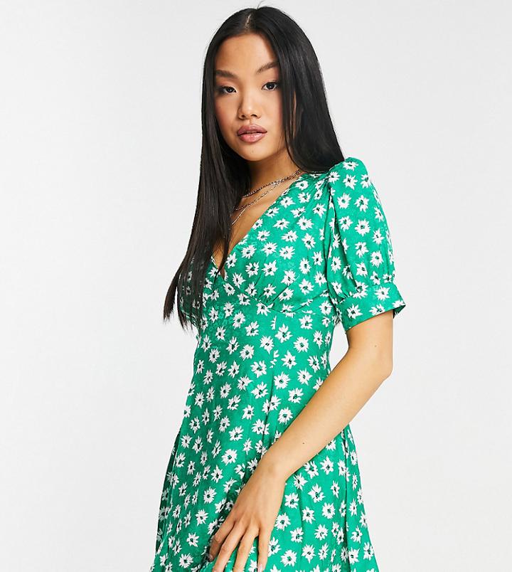 Topshop Petite Floral V Neck Swing Tea Dress In Green