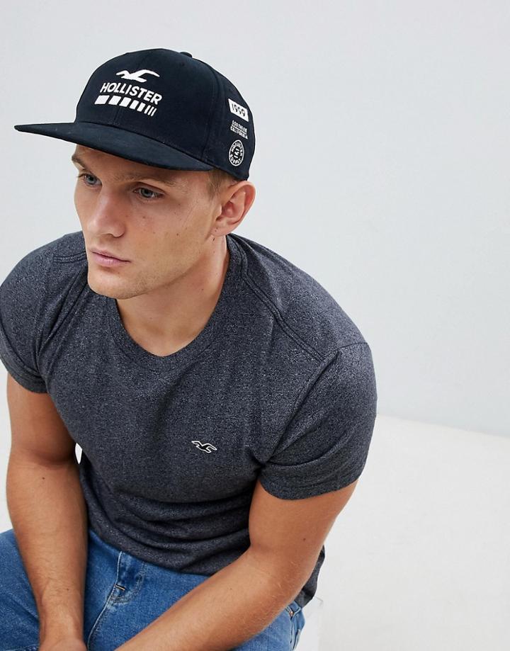 Hollister Logo Flat Brim Baseball Cap In Black - Black