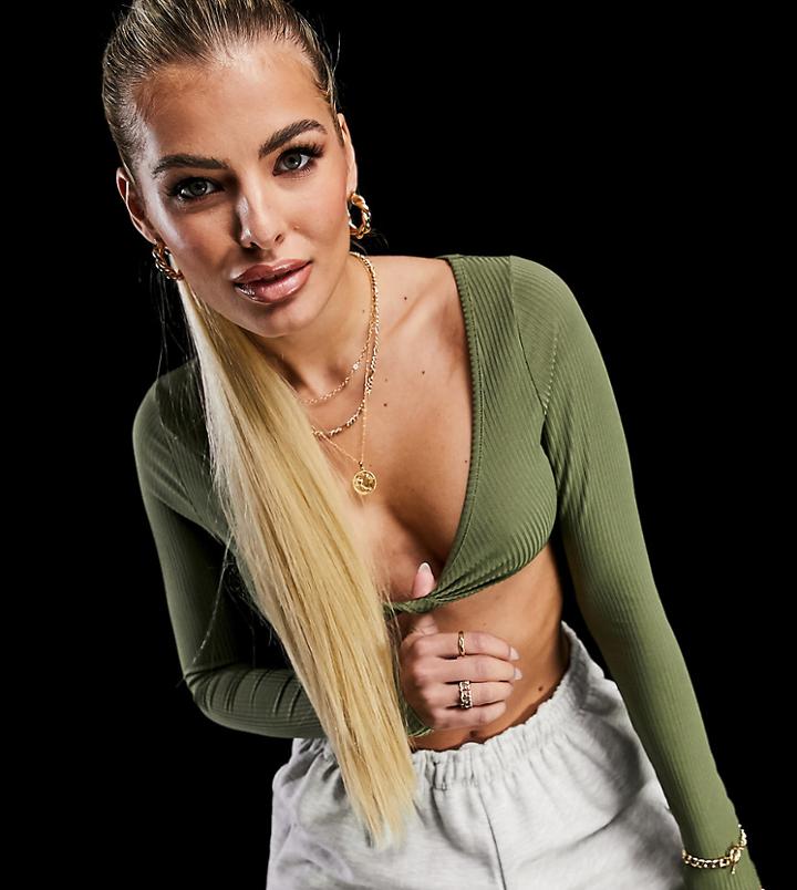 As You Rib Crop Top With Twist Front In Khaki-green