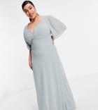 Tfnc Plus Bridesmaid Sweetheart Neck Flutter Sleeve Maxi Dress In Sage-green
