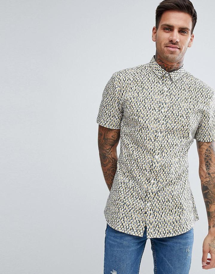 Hugo Slim Fit Pattern Short Sleeve Shirt In Black - Black
